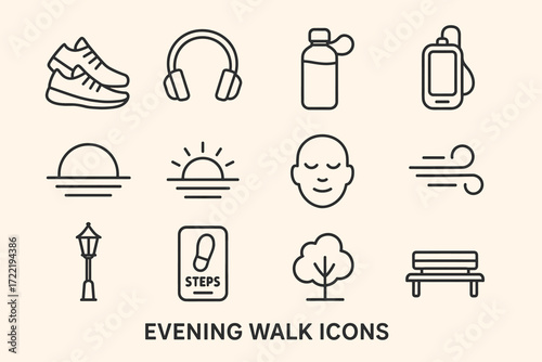 Evening walk icons collection: shoes, headphones, water bottle, steps, sunset