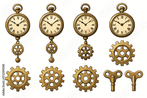 Vintage pocket watches and steampunk gears with wind-up keys