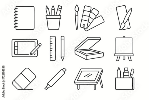 Art tools outline icons set: notebook, brush, palette, pencil, easel, tablet, eraser