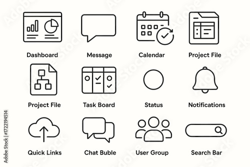 Minimalist black and white dashboard icons set for project management tools