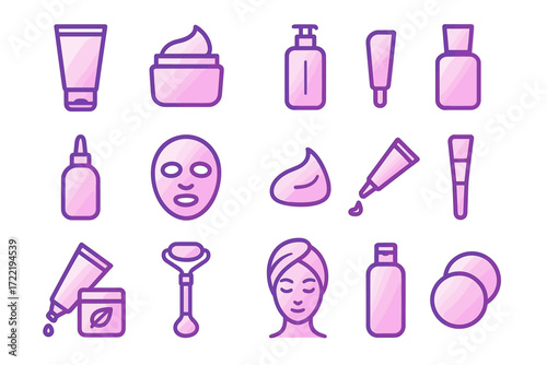 Purple skincare icons set featuring creams, bottles, and facial tools