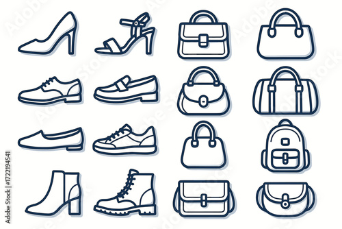 Collection of stylish line art shoes and bags icons