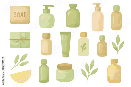 Natural skincare products with green and beige bottles and soap on white background