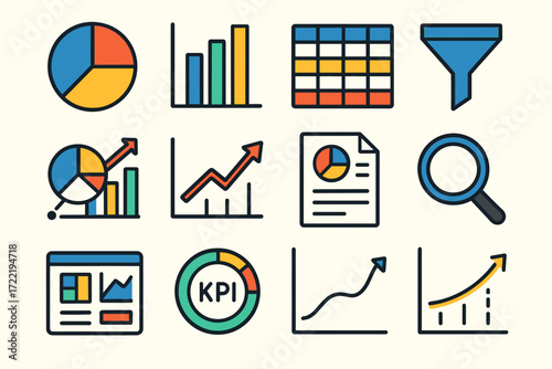 Colorful business analytics icons for data visualization and performance