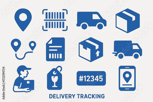 Delivery tracking icons: truck, barcode, package, gps, smartphone