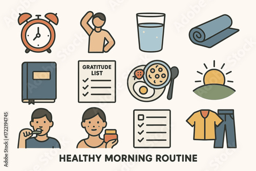Healthy morning routine: exercises, nutrition, gratitude activities for a positive start