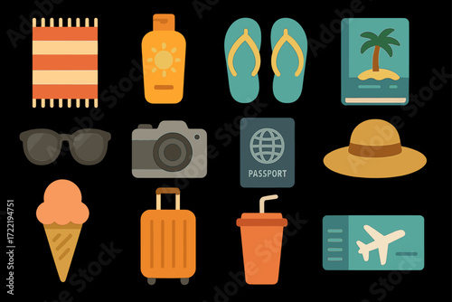 Summer vacation essentials: beach towel, sunscreen, flip flops, passport, camera