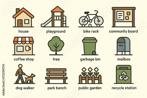 Neighborhood icons: community spaces and facilities illustrated in simple design