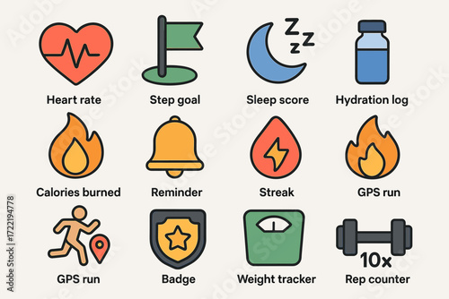 Colorful fitness icons: heart, steps, sleep, hydration, calories, reminders, streaks, gps, badges, weight, reps