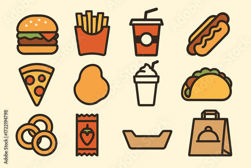 Colorful fast food icons collection: burgers, pizza, tacos, drinks, and more