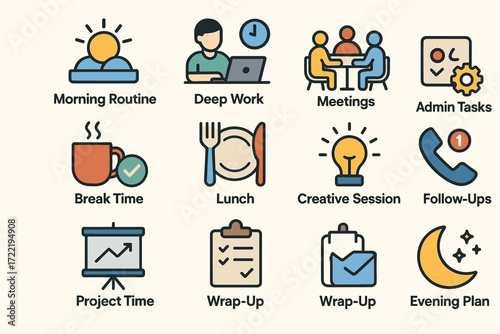 Daily work icons: routine, deep work, meetings, admin tasks, creative sessions