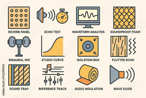 Audio engineering icons: reverb, echo, waveform, soundproofing, insulation