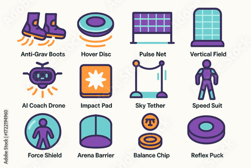 Futuristic sports equipment icons - anti-grav boots, hover disc, ai coach drone, speed suit