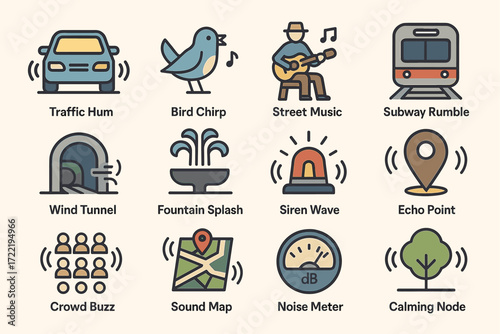 Illustrated icons representing urban sounds and noises in a city environment