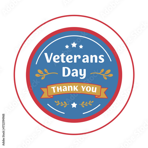 Veterans Day badge with thank you message on blue background  