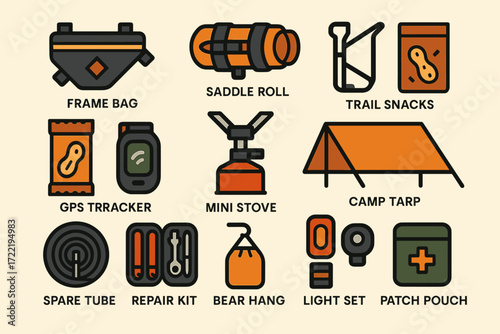 Camping gear icons: frame bag, saddle roll, trail snacks, and more
