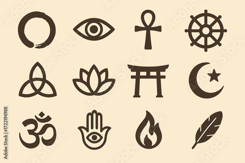 Collection of spiritual and religious symbols: om, ankh, lotus, chakra, and more