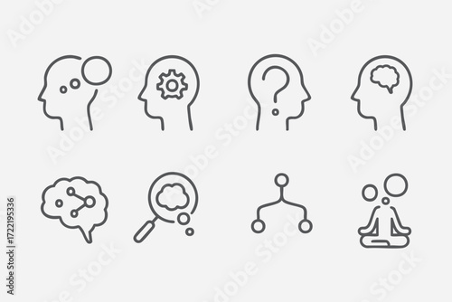 Linear icon set about mind and cognition: brain, gear, meditation, analysis, connections, and questioning. Minimalist, perfect for psychology, wellness, education, and artificial intelligence projects