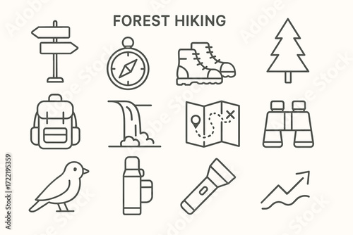 Forest hiking essentials: compass, boots, backpack, binoculars, map, more