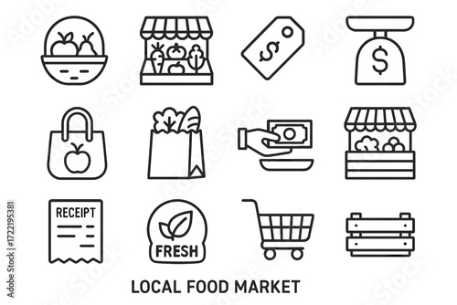 Local food market icons: fresh produce, shopping cart, price tag, cash payment, scale, bag