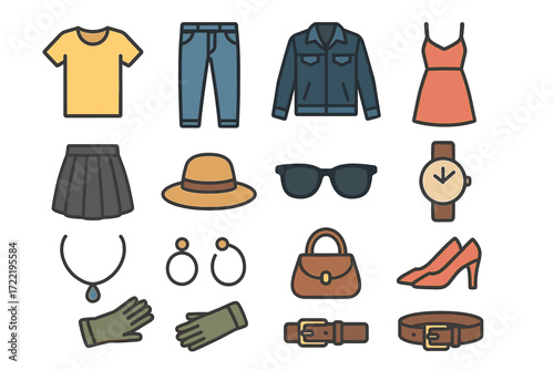 Collection of fashion items: clothing, accessories, and footwear illustrated icons
