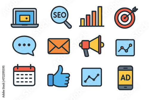 Digital marketing icons collection featuring seo, analytics, and social media tools