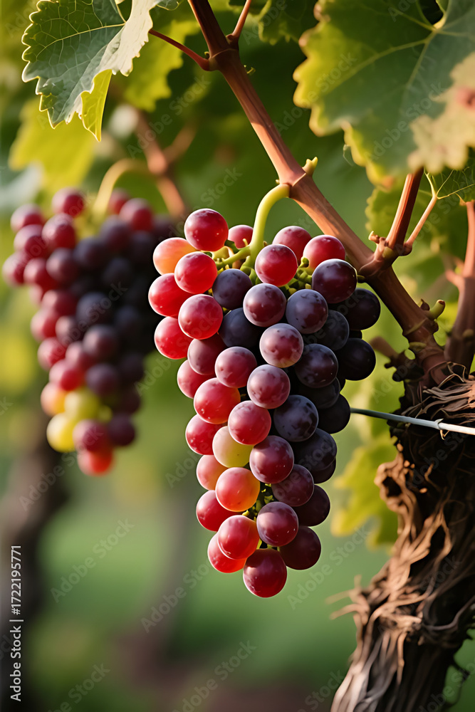 Fototapeta premium Ripe Red Grapes on Vine – Sunlit Harvest in the Vineyard