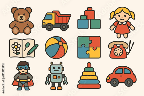 Colorful toy icons: bear, truck, blocks, girl, book, ball, puzzle, phone, boy, robot, stack, car