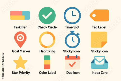 Colorful icon set: task bar, check circle, time slot, tag label, goal marker, habit ring, star priority