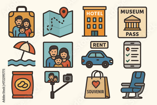 Travel icons: family fun, maps, hotels, museums, souvenirs, beach, car rentals