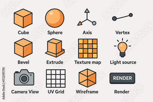 3d modeling icons: cube, sphere, axis, vertex, bevel, extrude, texture map, light source