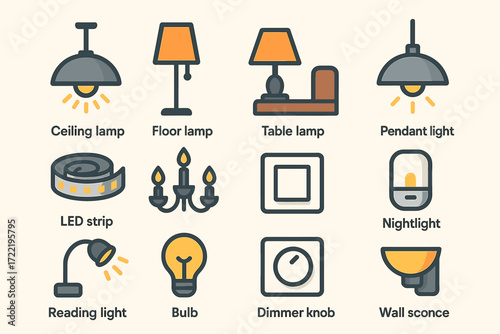 Various indoor lighting icons: ceiling lamp, floor lamp, table lamp, pendant light, led strip