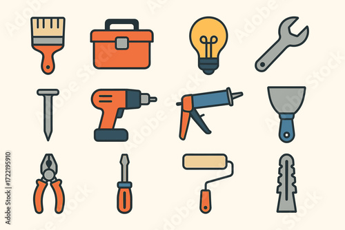 Collection of hand tools icons including drill, pliers, and screwdriver on neutral background