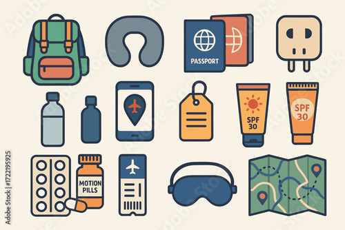 Travel essentials set with backpack, passport, map, and accessories