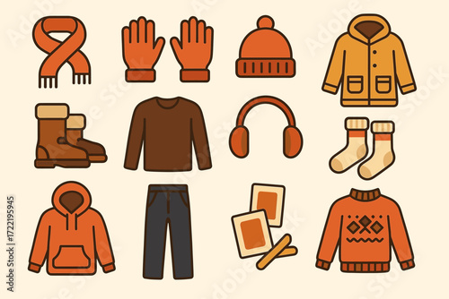 Winter clothing essentials: jackets, sweaters, boots, hats, gloves, scarves, earmuffs, socks