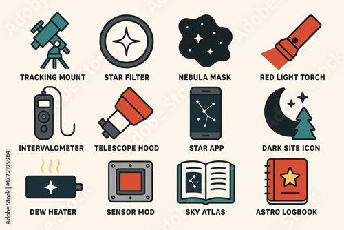 Astronomy tools icons set: telescope, nebula, red light torch, star app