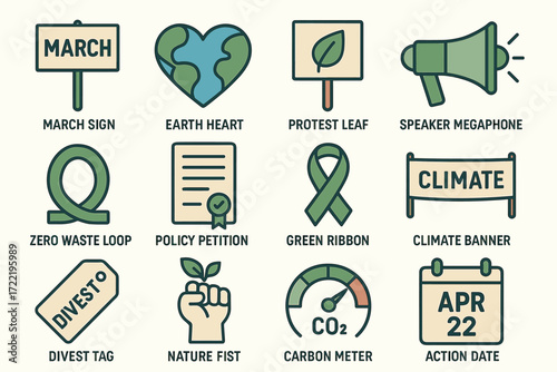 Environmental icons: earth heart, protest leaf, green ribbon, speaker megaphone, climate banner