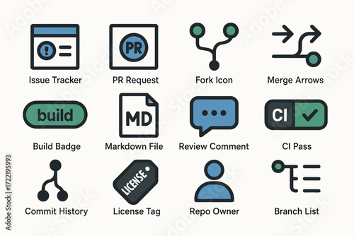 Icons for developer workflow: issue tracker, pr request, branch list and more
