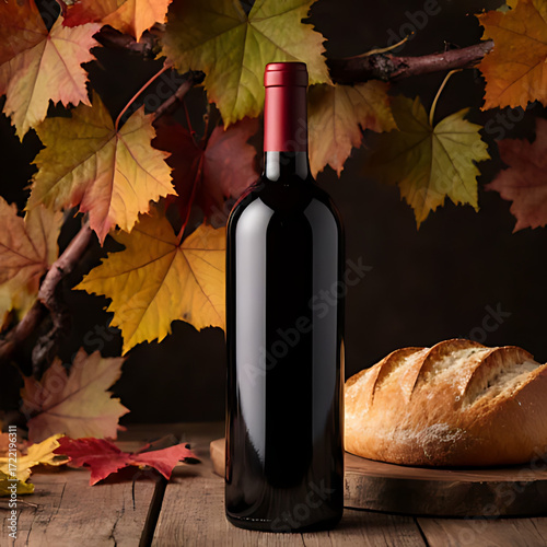 Red Wine Bottle with Fresh Bread and Autumn Leaves – Cozy Fall Still Life