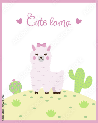 Cute llama, baby with a pink bow on his head, cacti, alpaca, postcard, poster