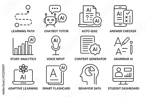 Ai tools icons: learning path, chatbot tutor, auto quiz, answer checker, study analytics