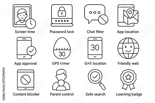 Parental control icons: user icon, gps tracker, safe search, app approval, content blocker