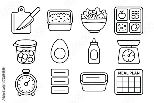 Meal prep icons set: ingredients, tools, diet plan, healthy cooking essentials