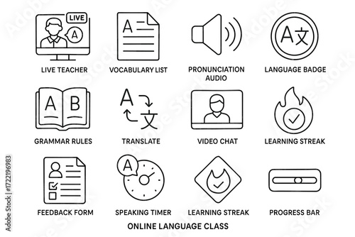 Online language class icons: live teacher, vocabulary, pronunciation, grammar, translation