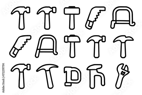 Collection of hand tool icons featuring hammers, saws, and wrenches