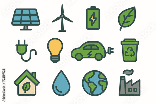 Eco-friendly icons: solar, wind, electric, recycling, sustainability symbols