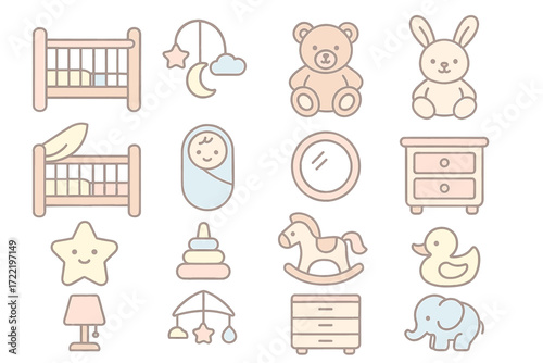 Cute pastel baby room icons featuring crib, toys, and nursery decor elements