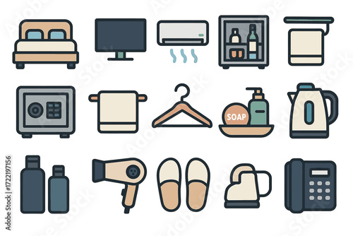 Collection of hotel room icons including bed, tv, safe, and more essential items