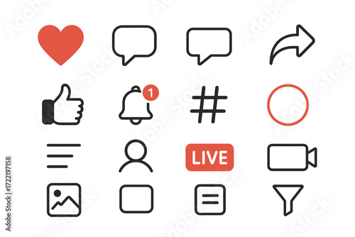 Set of social media icons including heart, comment, bell, and live video symbols