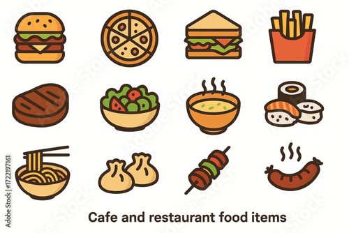 Colorful icons of cafe and restaurant food items including pizza, burger, sushi, and salad
